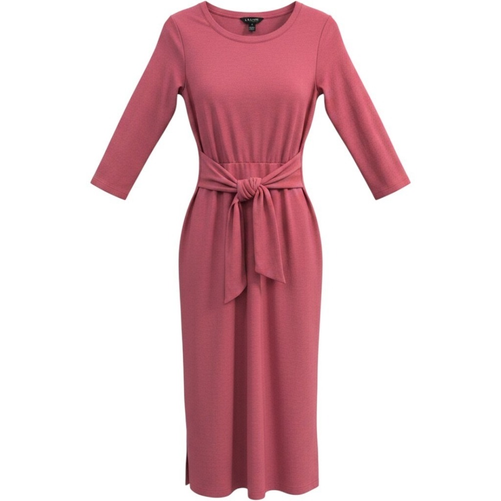 Lauren Ralph Lauren Tie Waist Midi Dress L Pink Rose Knit 3/4 Sleeve Preppy Chic